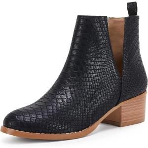 LAICIGO Women’s V Cut Ankle Booties Low Stacked Heel Closed Toe Perforated Slipon Faux Leather Western Boots(1-black)