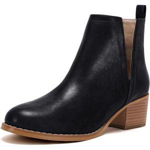 LAICIGO Women’s V Cut Ankle Booties Low Stacked Heel Closed Toe Perforated Slipon Faux Leather Western Boots(1-cool Black)