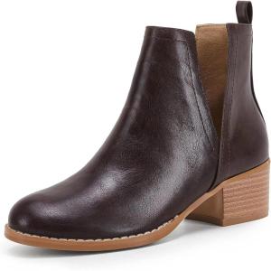 LAICIGO Women’s V Cut Ankle Booties Low Stacked Heel Closed Toe Perforated Slipon Faux Leather Western Boots(1-dark Brown)