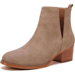 LAICIGO Women’s V Cut Ankle Booties Low Stacked Heel Closed Toe Perforated Slipon Faux Leather Western Boots(1-khaki)