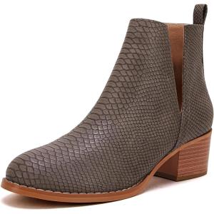 LAICIGO Women’s V Cut Ankle Booties Low Stacked Heel Closed Toe Perforated Slipon Faux Leather Western Boots(1-taupe)