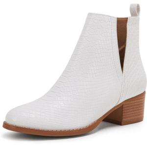 LAICIGO Women’s V Cut Ankle Booties Low Stacked Heel Closed Toe Perforated Slipon Faux Leather Western Boots(1-white)