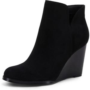 LAICIGO Womens V Cut Wedge Ankle Booties Zip-up Closed Toe Stacked Heel Faux Suede Winter Boots(Black)