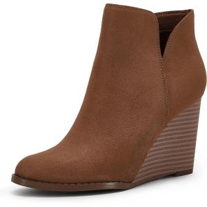 LAICIGO Womens V Cut Wedge Ankle Booties Zip-up Closed Toe Stacked Heel Faux Suede Winter Boots(Brown)