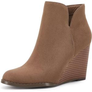 LAICIGO Womens V Cut Wedge Ankle Booties Zip-up Closed Toe Stacked Heel Faux Suede Winter Boots(Coffee)