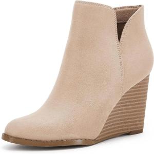 LAICIGO Womens V Cut Wedge Ankle Booties Zip-up Closed Toe Stacked Heel Faux Suede Winter Boots(Cream)