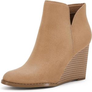 LAICIGO Womens V Cut Wedge Ankle Booties Zip-up Closed Toe Stacked Heel Faux Suede Winter Boots(Light Brown)