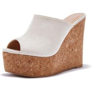LAICIGO Womens Wedge Platform Slide on Sandals Open Toe Cork Faux Suede Dress Summer Slippers Shoes(1-white)