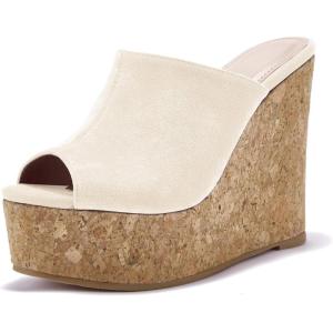 LAICIGO Womens Wedge Platform Slide on Sandals Open Toe Cork Faux Suede Dress Summer Slippers Shoes(Apricot)