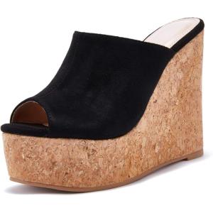 LAICIGO Womens Wedge Platform Slide on Sandals Open Toe Cork Faux Suede Dress Summer Slippers Shoes(Black)
