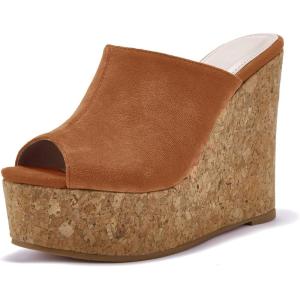 LAICIGO Womens Wedge Platform Slide on Sandals Open Toe Cork Faux Suede Dress Summer Slippers Shoes(Brown)