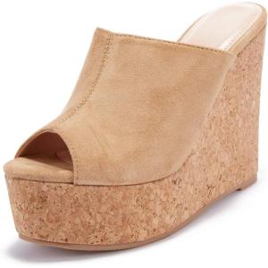 LAICIGO Womens Wedge Platform Slide on Sandals Open Toe Cork Faux Suede Dress Summer Slippers Shoes(Khaki)