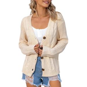 Women’s Long Sleeve Button Down V Neck Classic Sweater Knit Cardigan Beige
