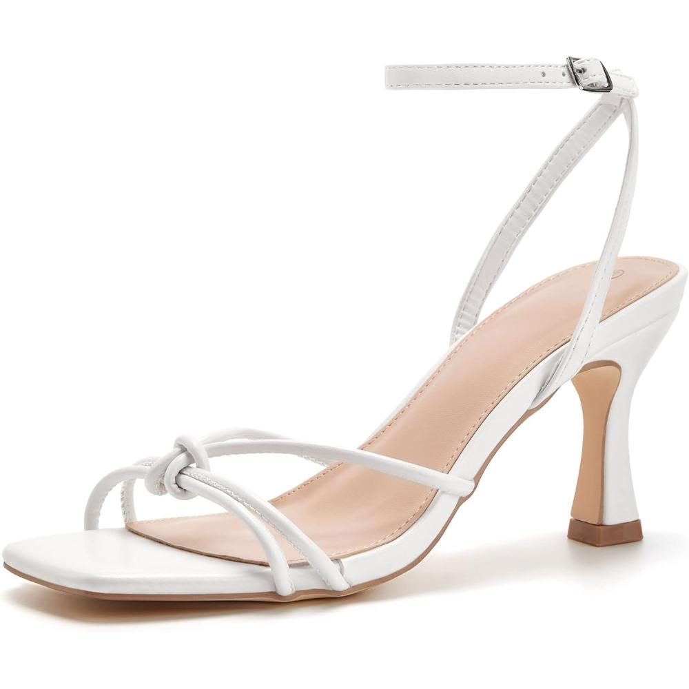 imageLAICIGO Womens Square Open Toe Heeled Sandals Stiletto Kitten Heel Ankle Buckle Strap Slingback Summer Dress SandalsWhite