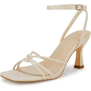 LAICIGO Women’s Square Open Toe Heeled Sandals Stiletto Kitten Heel Ankle Buckle Strap Slingback Summer Dress Sandals(Beige)