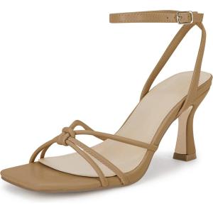 LAICIGO Women’s Square Open Toe Heeled Sandals Stiletto Kitten Heel Ankle Buckle Strap Slingback Summer Dress Sandals(Khaki)