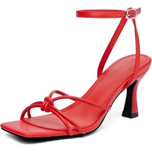 LAICIGO Women’s Square Open Toe Heeled Sandals Stiletto Kitten Heel Ankle Buckle Strap Slingback Summer Dress Sandals(Red)