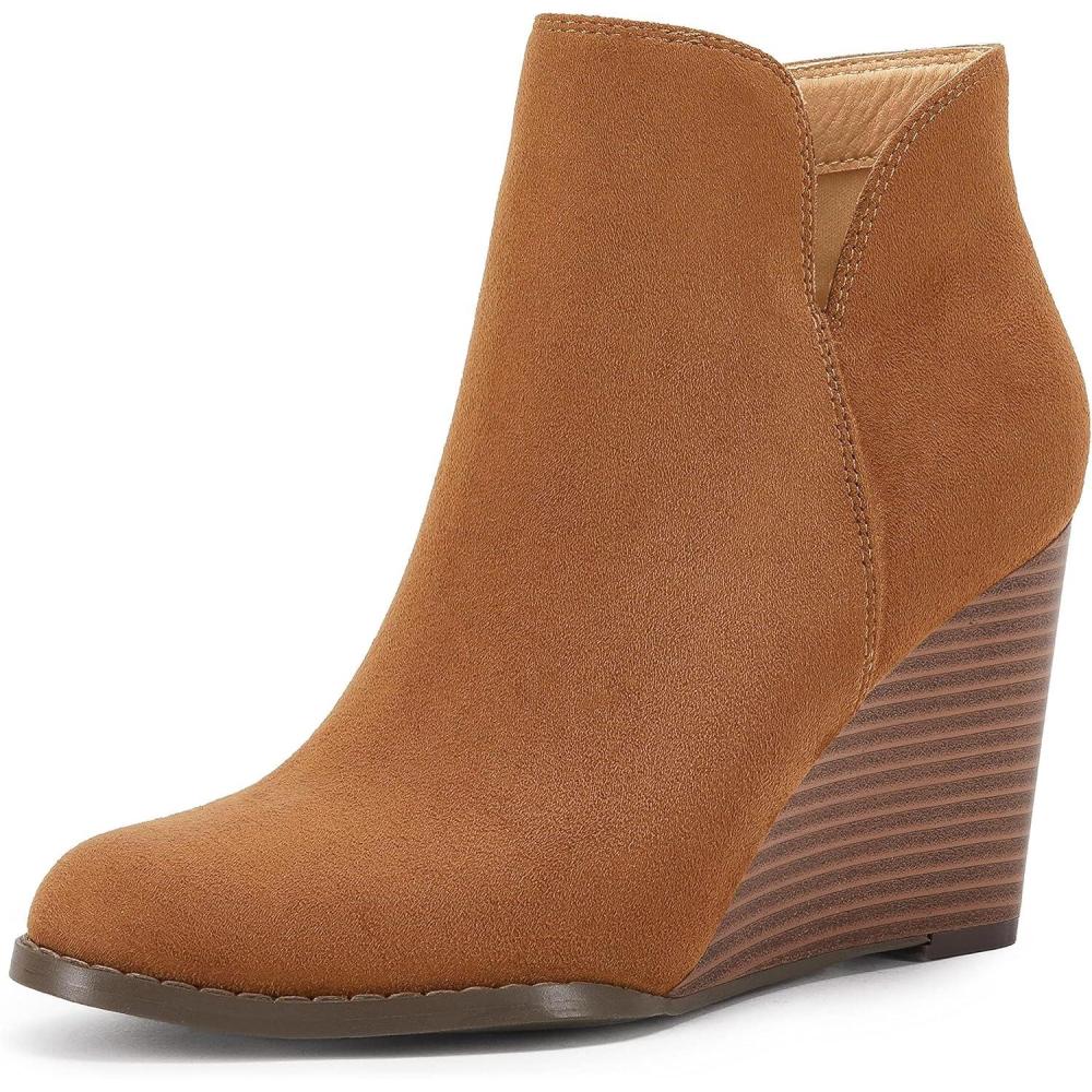 imageLAICIGO Womens V Cut Wedge Ankle Booties Zipup Closed Toe Stacked Heel Faux Suede Winter BootsDark Brown