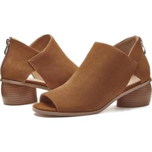 LAICIGO Womens Heeled Sandals Peep Toe Ankle Boots Chunky Heels V Cut Back Zipper Mid Heel Faux Suede Dress Pumps Shoes(Brown)