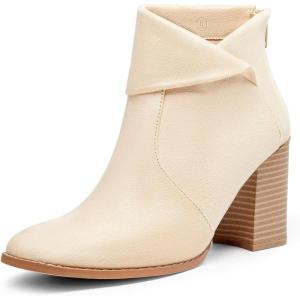 LAICIGO Women’s Square Toe Ankle Boots High Chunky Stacked Heel Slip On Criss Cross Zipper Booties(Beige Suede)