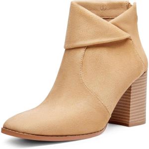 LAICIGO Women’s Square Toe Ankle Boots High Chunky Stacked Heel Slip On Criss Cross Zipper Booties(Camel Suede)
