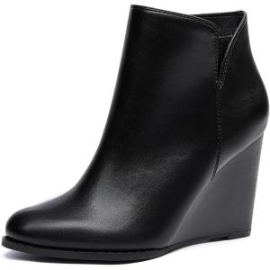 LAICIGO Womens V Cut Wedge Ankle Booties Zip-up Closed Toe Stacked Heel Faux Suede Winter Boots(Cool Black)