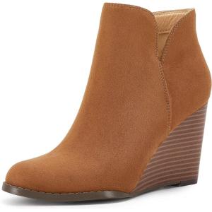 LAICIGO Womens V Cut Wedge Ankle Booties Zip-up Closed Toe Stacked Heel Faux Suede Winter Boots(Dark Brown)
