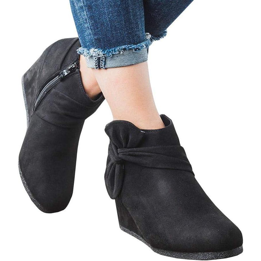 image:imageWomens Wedge Heels Ankle Booties Platform Knot Bow Side Zipper Faux Suede Dress Boots