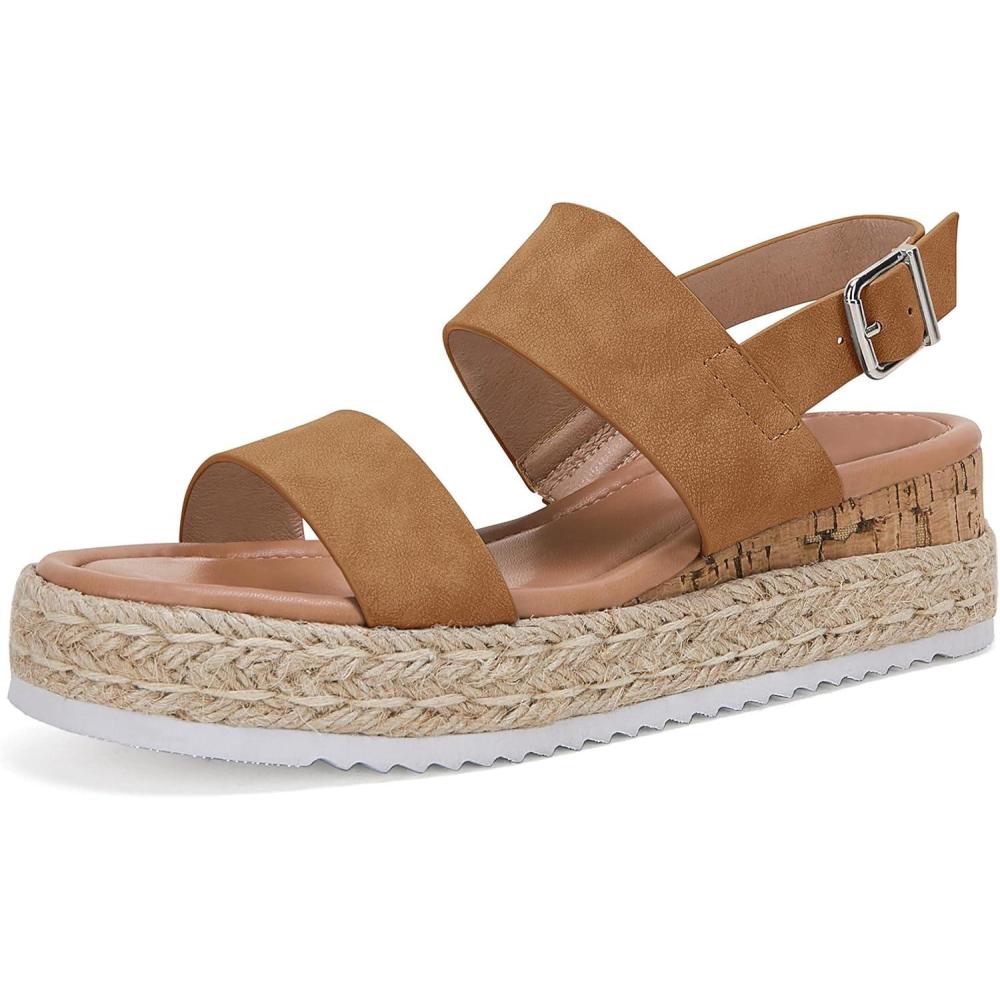 image:imageLAICIGO Womens Open Toe Wedge Platform Espadrilles Ankle Strap Buckle Faux Leather Cork Rubber Summer Sandals1brown