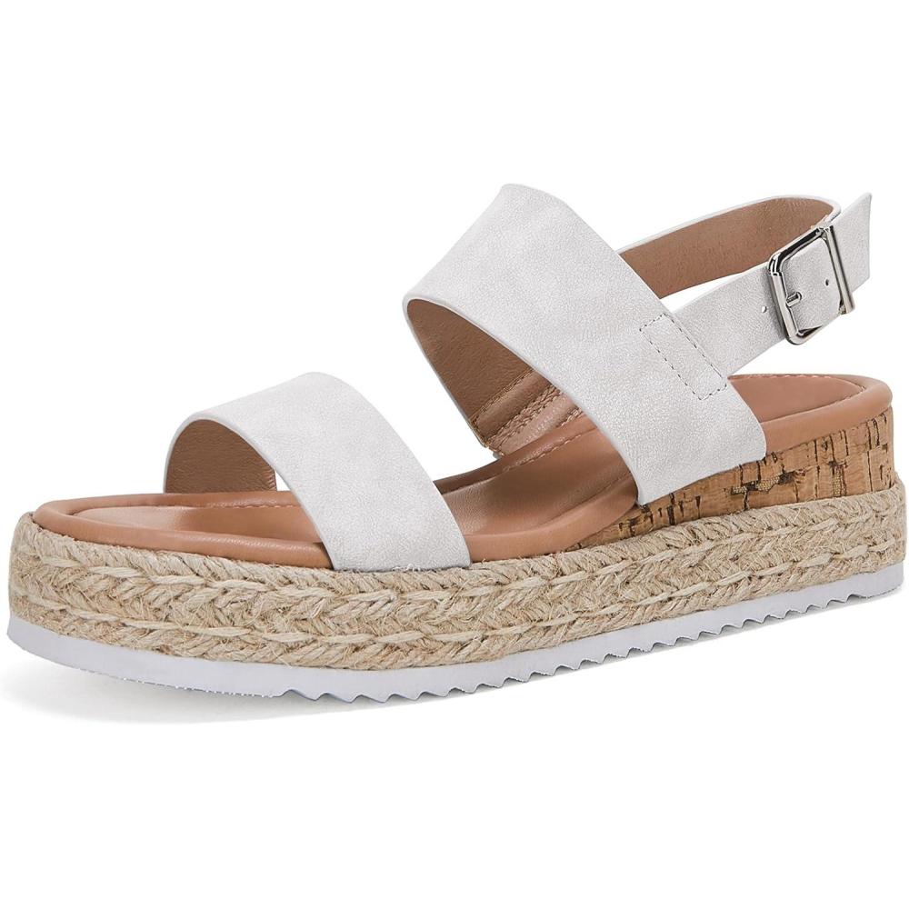 image:imageLAICIGO Womens Open Toe Wedge Platform Espadrilles Ankle Strap Buckle Faux Leather Cork Rubber Summer Sandals1white