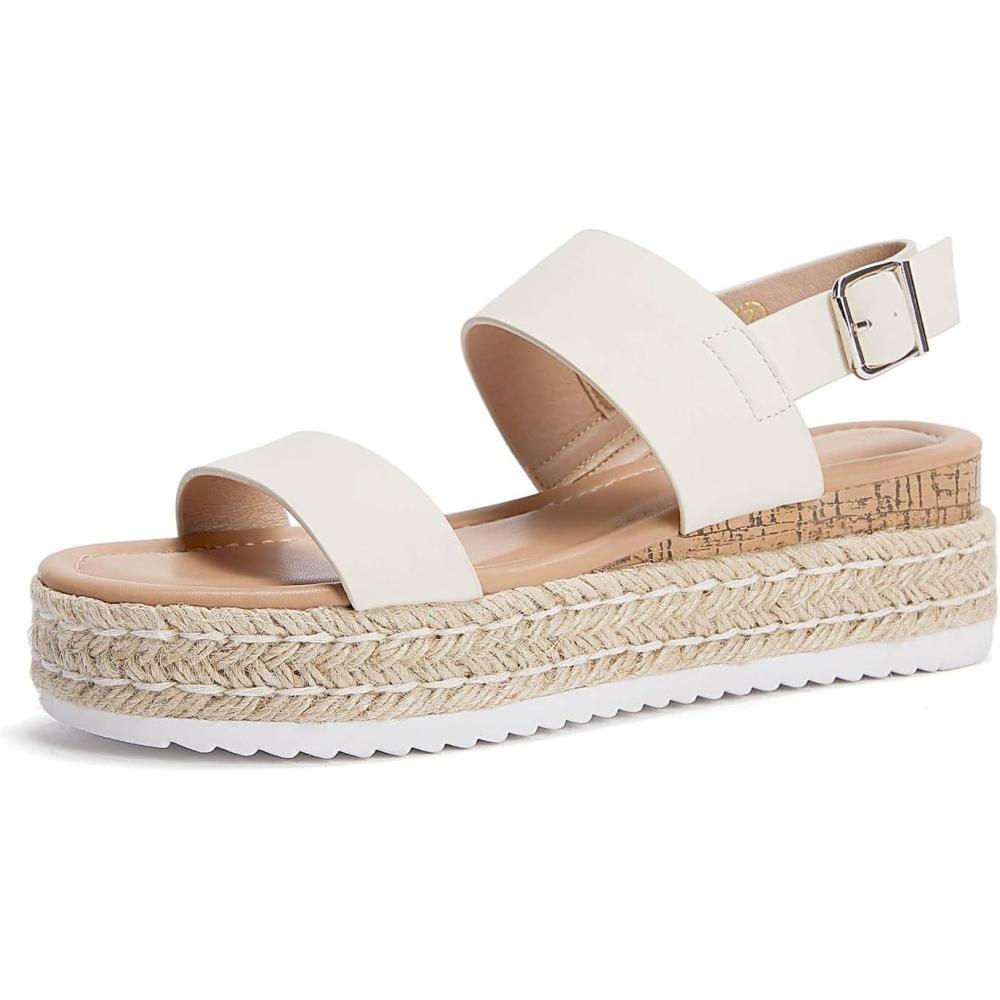 image:imageLAICIGO Womens Open Toe Wedge Platform Espadrilles Ankle Strap Buckle Faux Leather Cork Rubber Summer SandalsBeige