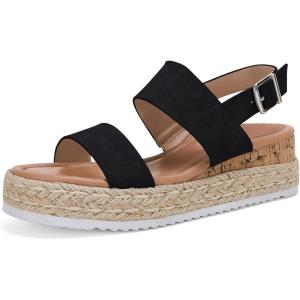 LAICIGO Women’s Open Toe Wedge Platform Espadrilles Ankle Strap Buckle Faux Leather Cork Rubber Summer Sandals(1-black)
