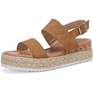 LAICIGO Women’s Open Toe Wedge Platform Espadrilles Ankle Strap Buckle Faux Leather Cork Rubber Summer Sandals(1-brown)