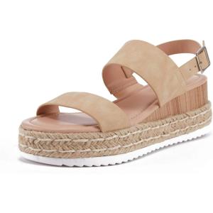 LAICIGO Women’s Open Toe Wedge Platform Espadrilles Ankle Strap Buckle Faux Leather Cork Rubber Summer Sandals(1-khaki)