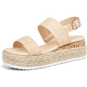LAICIGO Women’s Open Toe Wedge Platform Espadrilles Ankle Strap Buckle Faux Leather Cork Rubber Summer Sandals(Light Khaki)