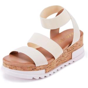 LAICIGO Women’s Open Toe Wedge Platform Sandals Ankle Elastic Strap Cork Flatform Slingback Summer Sandals(1-nude)