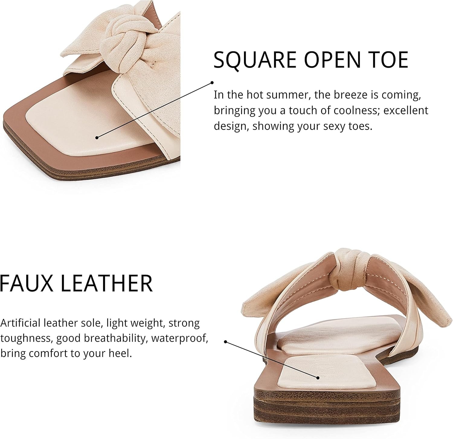image:imageLAICIGO Womens Slip on Bow Sandals Dressy Comfortable Flat Sandals Square Toe Summer SlidesBeige