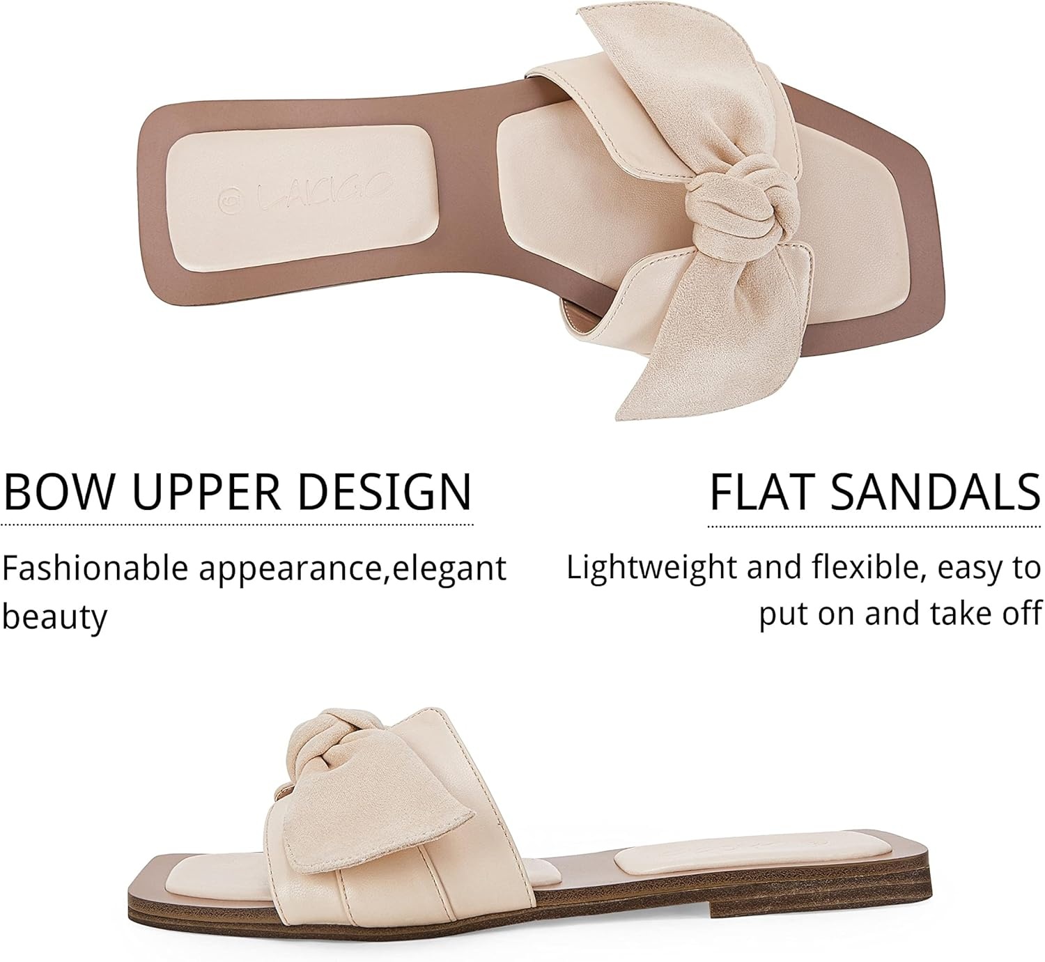 image:imageLAICIGO Womens Slip on Bow Sandals Dressy Comfortable Flat Sandals Square Toe Summer SlidesBeige