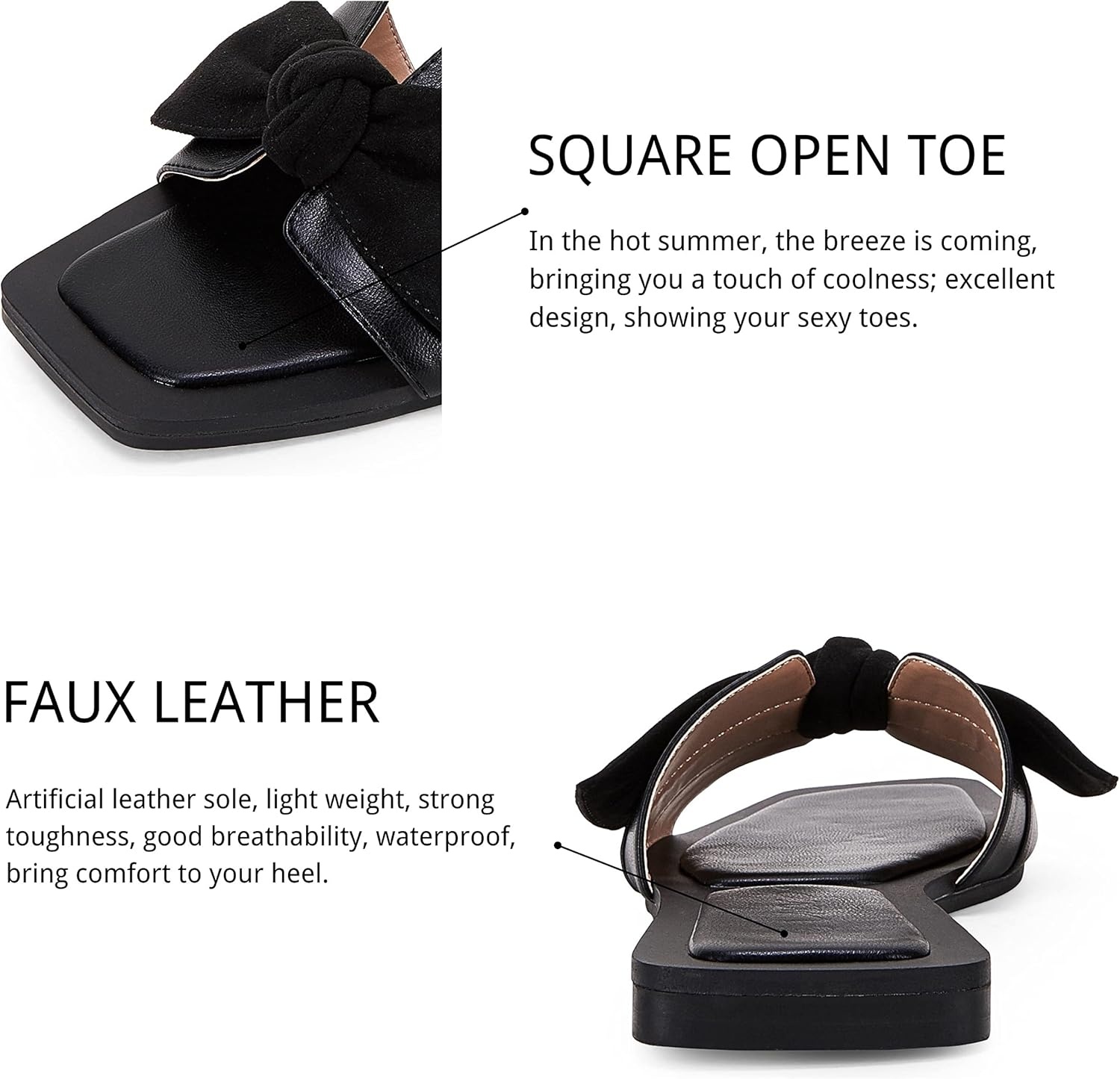 image:imageLAICIGO Womens Slip on Bow Sandals Dressy Comfortable Flat Sandals Square Toe Summer SlidesBlack