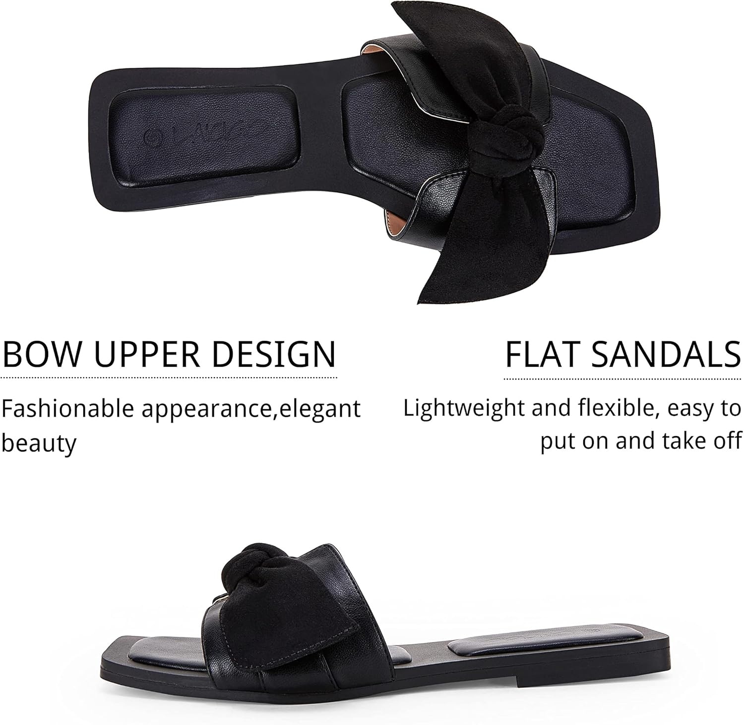 image:imageLAICIGO Womens Slip on Bow Sandals Dressy Comfortable Flat Sandals Square Toe Summer SlidesBlack