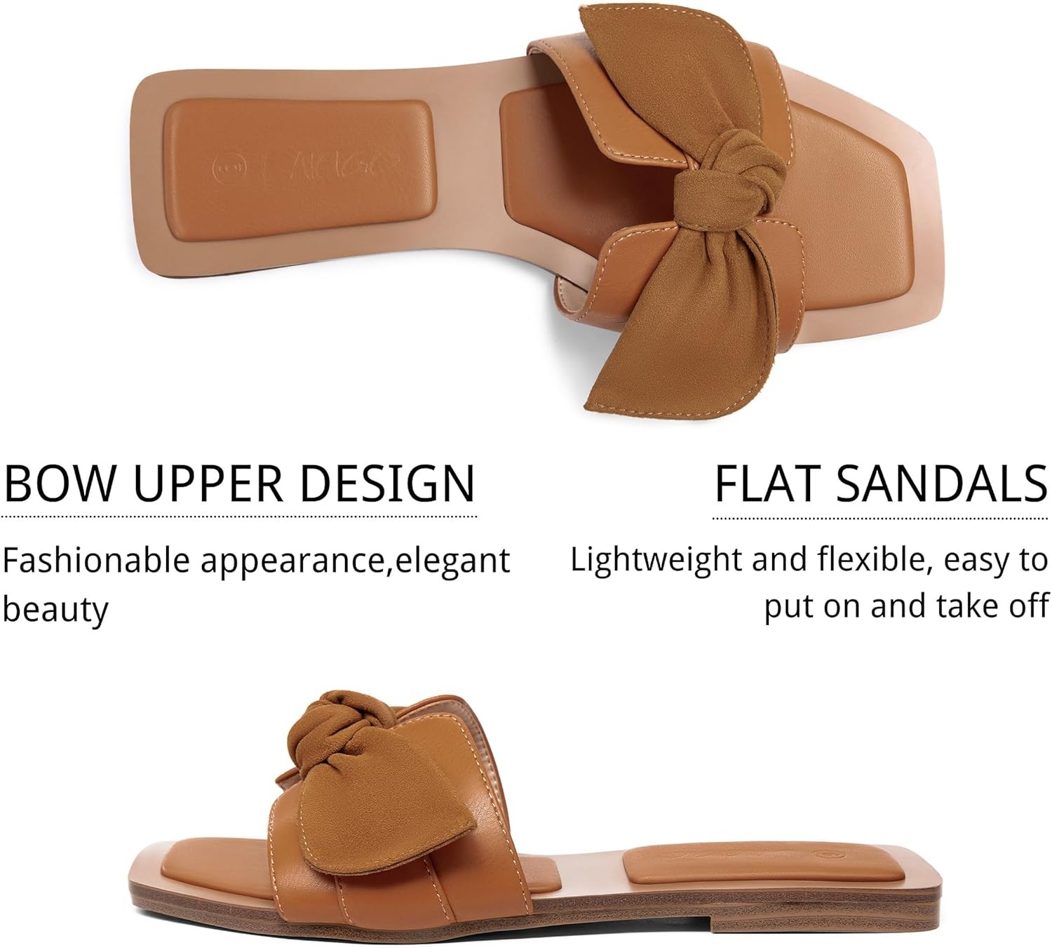 image:imageLAICIGO Womens Slip on Bow Sandals Dressy Comfortable Flat Sandals Square Toe Summer SlidesBrown