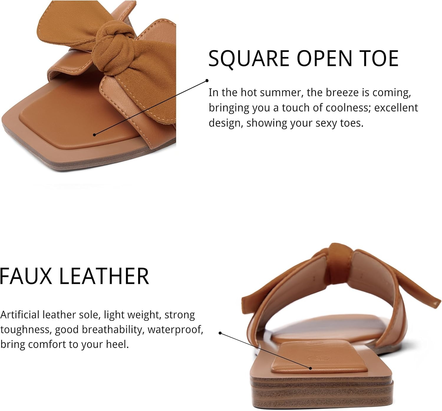 image:imageLAICIGO Womens Slip on Bow Sandals Dressy Comfortable Flat Sandals Square Toe Summer SlidesBrown
