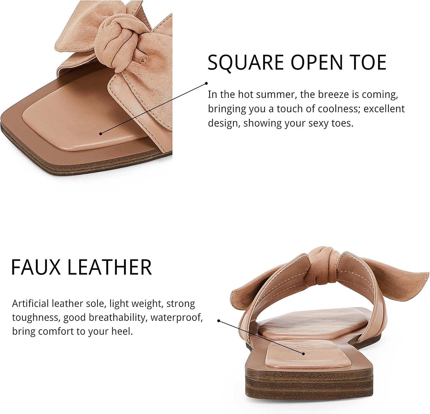 image:imageLAICIGO Womens Slip on Bow Sandals Dressy Comfortable Flat Sandals Square Toe Summer SlidesCamel