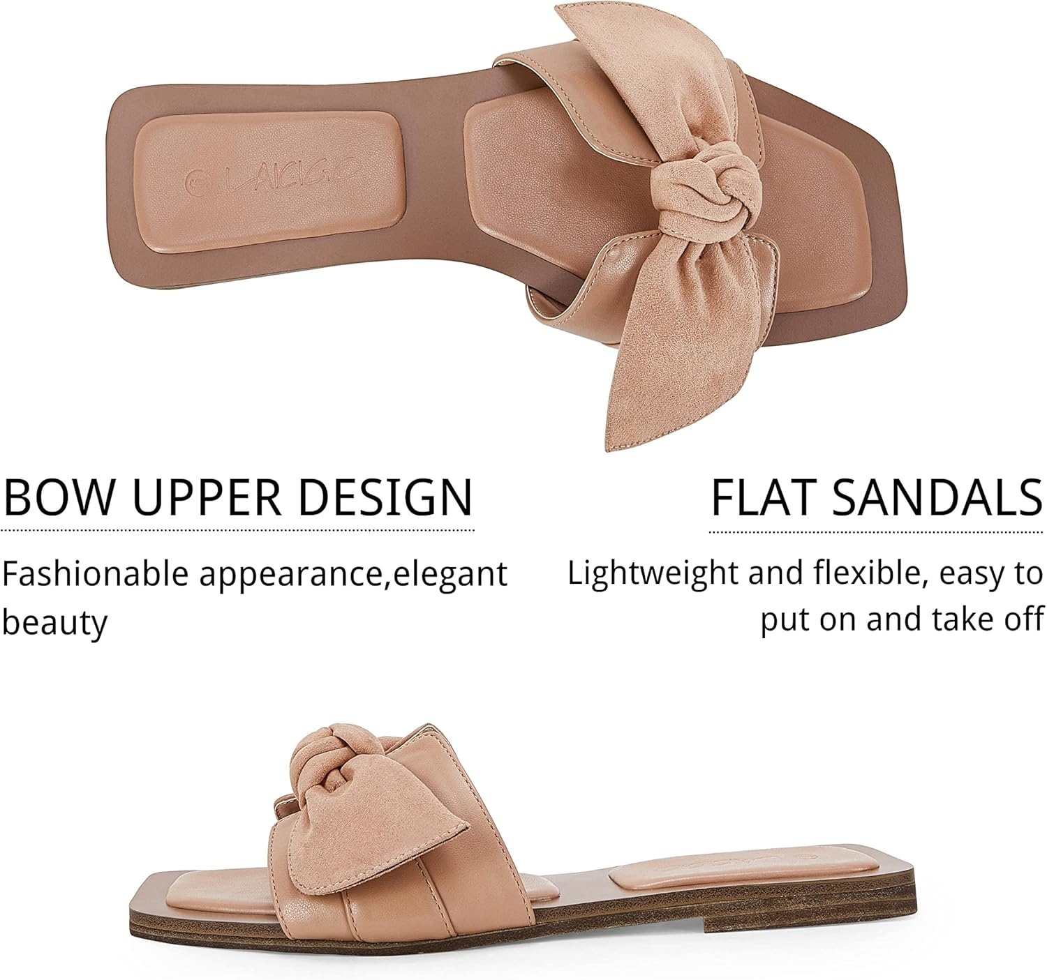 image:imageLAICIGO Womens Slip on Bow Sandals Dressy Comfortable Flat Sandals Square Toe Summer SlidesCamel
