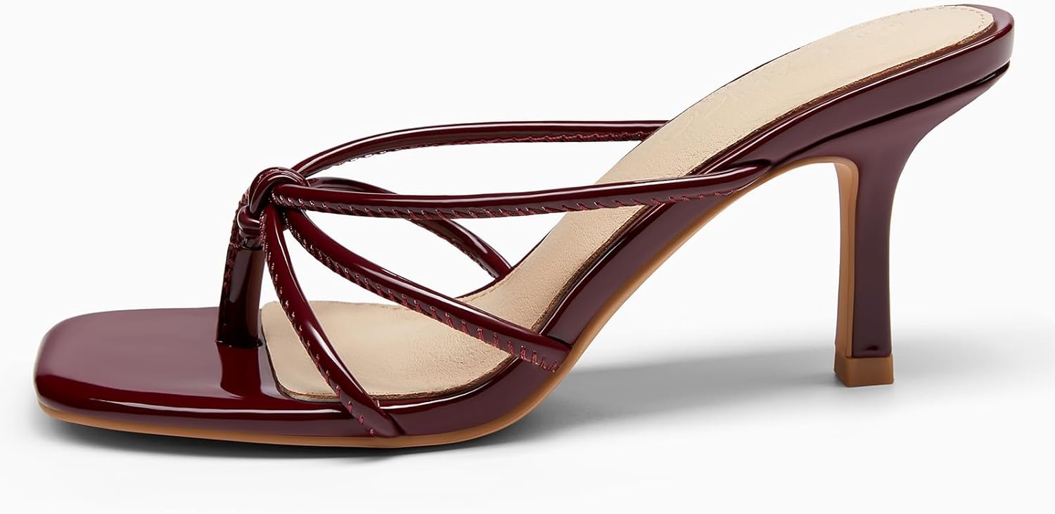 image:imageLAICIGO Womens Square Open Toe Flip Flops Stiletto Heels Strappy Thong Slide on Slingback Mules SandalsRed Wine