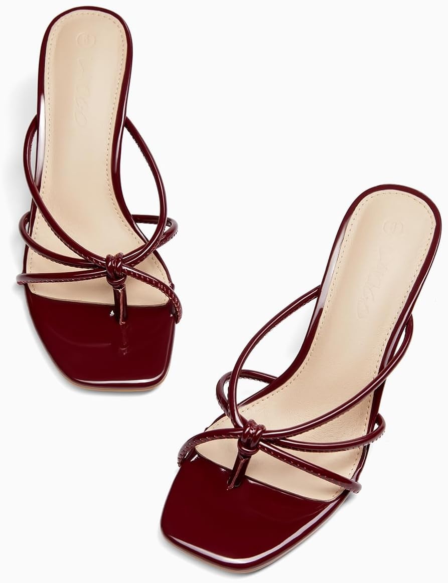 image:imageLAICIGO Womens Square Open Toe Flip Flops Stiletto Heels Strappy Thong Slide on Slingback Mules SandalsRed Wine