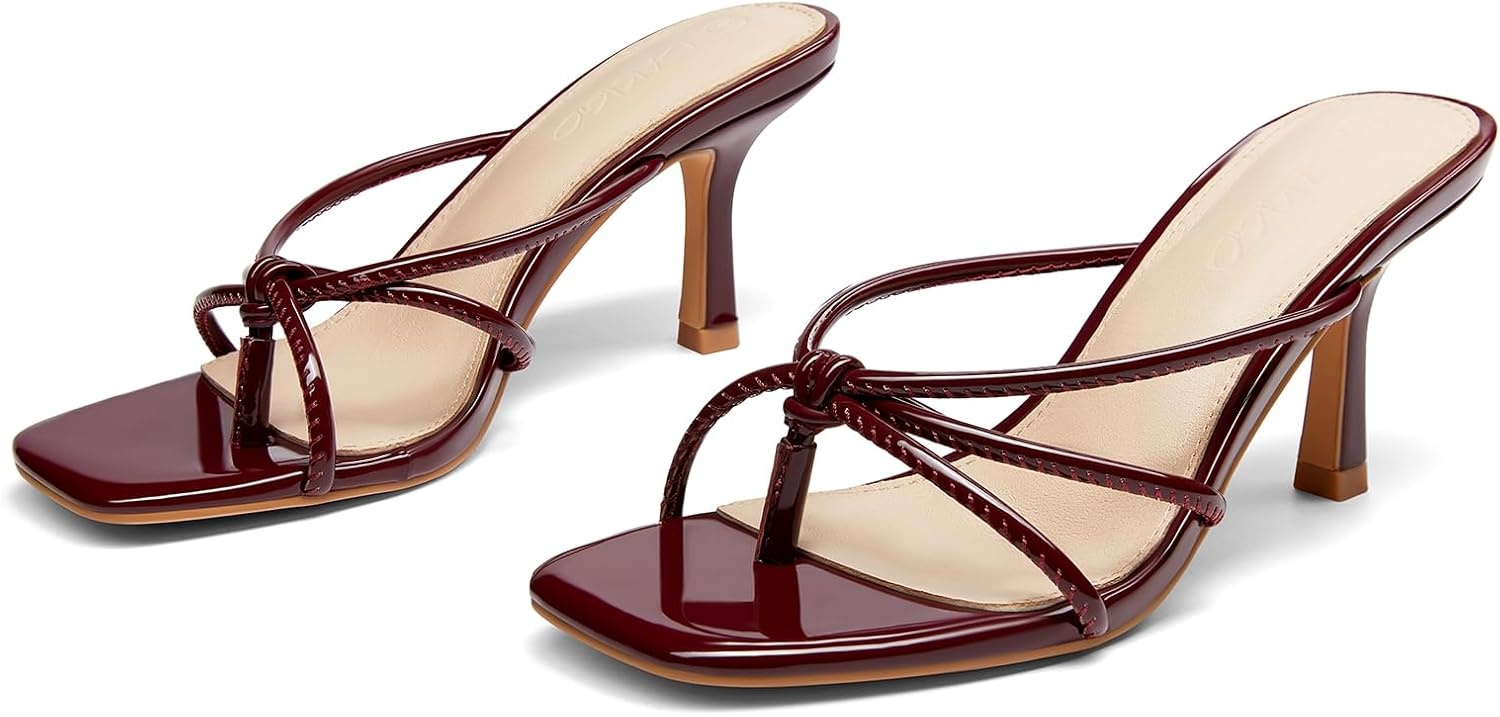 image:imageLAICIGO Womens Square Open Toe Flip Flops Stiletto Heels Strappy Thong Slide on Slingback Mules SandalsRed Wine