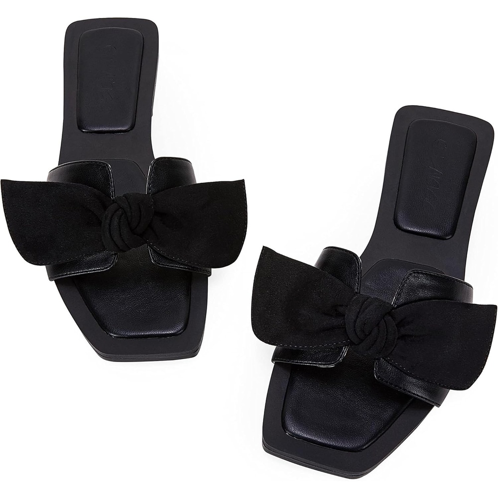 image:imageLAICIGO Womens Slip on Bow Sandals Dressy Comfortable Flat Sandals Square Toe Summer SlidesBlack