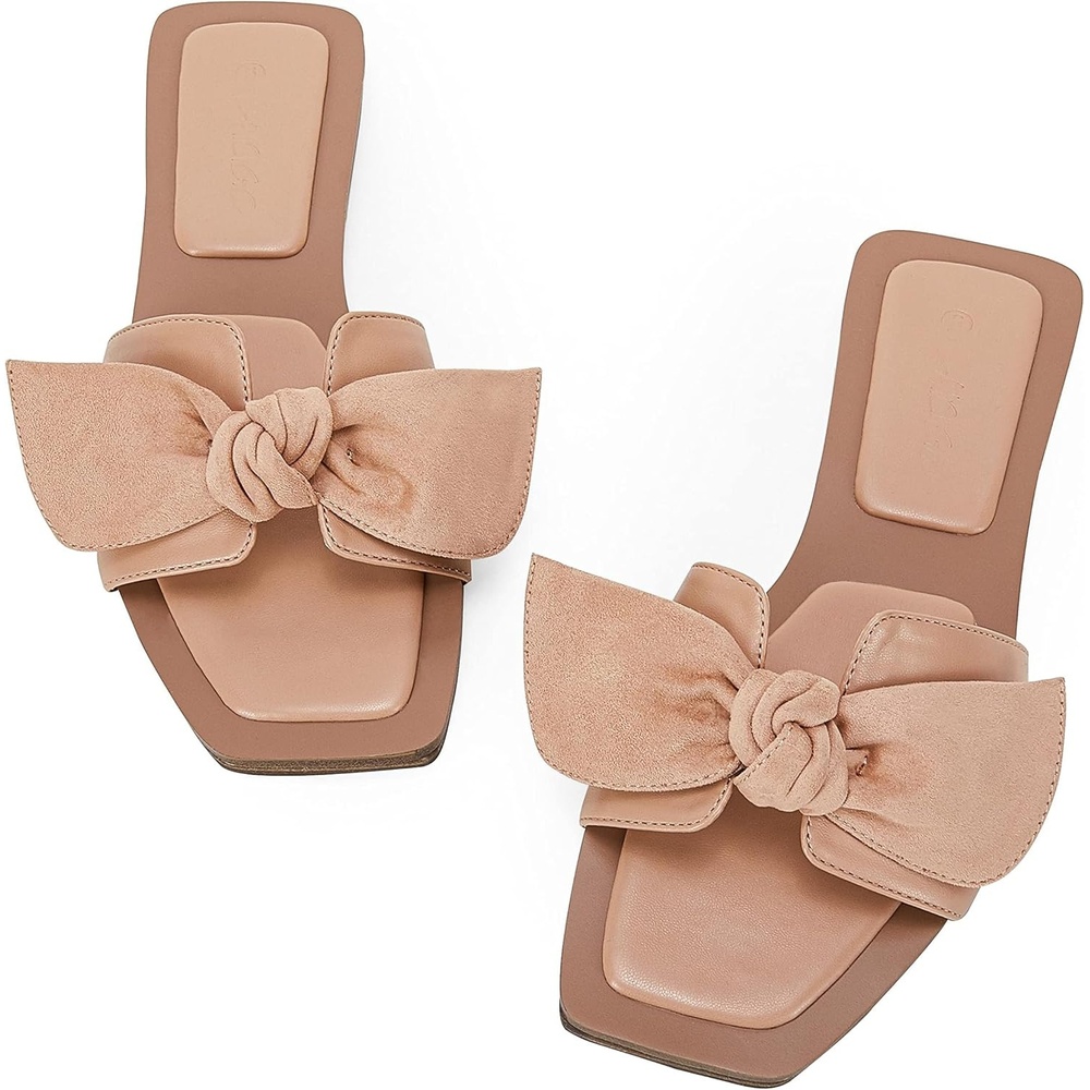 image:imageLAICIGO Womens Slip on Bow Sandals Dressy Comfortable Flat Sandals Square Toe Summer SlidesCamel