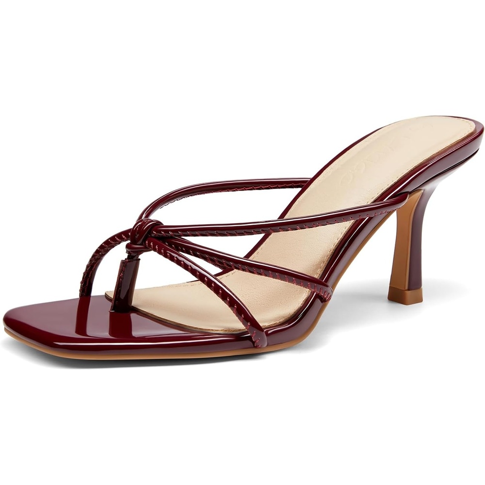 image:imageLAICIGO Womens Square Open Toe Flip Flops Stiletto Heels Strappy Thong Slide on Slingback Mules SandalsRed Wine